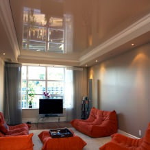 Sjajni rastezljivi stropovi: fotografija, dizajn, vrste, izbor boja, pregled prostorija-33