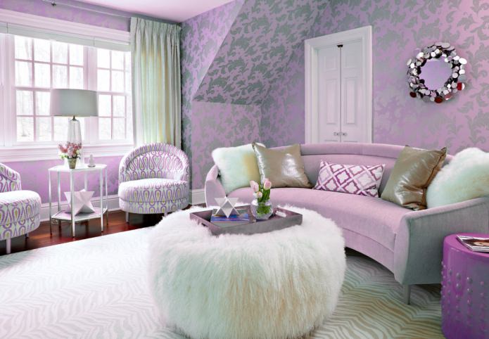Lilac bakgrunder i interiören: typer, design, val av stil och gardiner, kombinationer, 55 foton