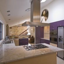 Set de bucătărie violet: design, combinație, alegerea stilului, tapet și perdele-13