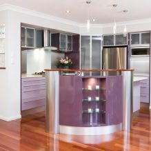 Mor mutfak seti: tasarım, kombinasyonlar, stil seçimi, duvar kağıdı ve perdeler-8