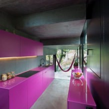 Conjunto de cocina púrpura: diseño, combinaciones, elección de estilo, papel tapiz y cortinas-12