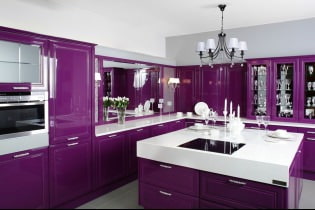 Ensemble de cuisine violet: design, combinaisons, choix de style, papier peint et rideaux