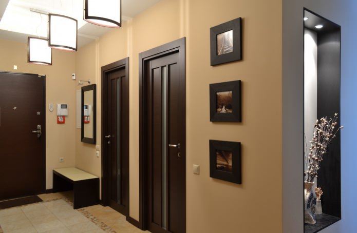 Pintu gelap di pedalaman: gabungan dengan warna lantai, dinding, perabot (60 gambar)