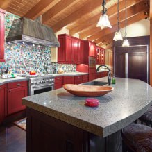 Set dapur merah: ciri, jenis, gabungan, pilihan gaya dan langsir-10