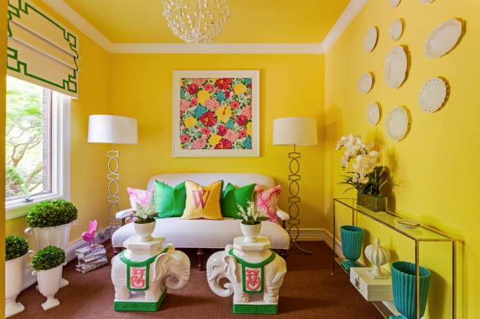 Жълто в интериора: снимка, цветово значение, комбинация, избор на стил и декорация