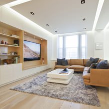 Reka bentuk bilik tamu dalam warna-warna terang: pilihan gaya, warna, hiasan, perabot dan langsir-3