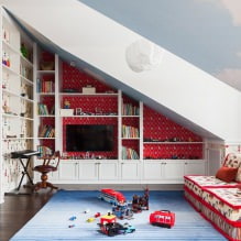 Подреждането на детската стая на тавана: изборът на стил, декорация, мебели и завеси-13