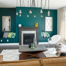 Gestaltung des Wohnzimmers in türkisfarbener Farbe: 55 beste Ideen und Umsetzungen im Innenraum-12