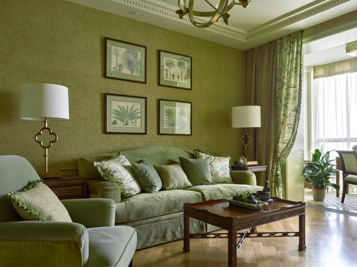 Interiørdesign i olivenfarve: kombinationer, stilarter, dekoration, møbler, accenter