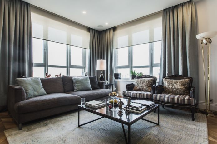Rideaux gris à l'intérieur de l'appartement: types, tissus, styles, combinaisons, design et décoration