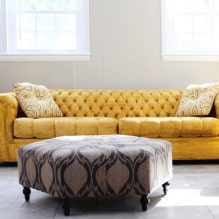 Sofa kuning di pedalaman: jenis, bentuk, bahan upholsteri, reka bentuk, warna, gabungan-4