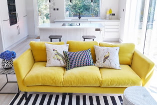 Dzeltens dīvāns interjerā: veidi, formas, apdares materiāli, dizains, toņi, kombinācijas