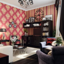 Červené tapety v interiéru: typy, design, kombinace s barvou záclon, nábytek-3