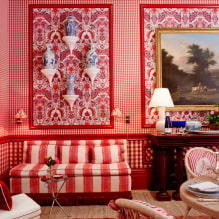 Iç kırmızı duvar kağıdı: türleri, tasarım, perde rengi ile kombinasyon, mobilya-7