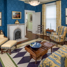 Modré tapety: kombinácie, dizajn, výber záclon, štýl a nábytok, 80 fotografií v interiéri -5