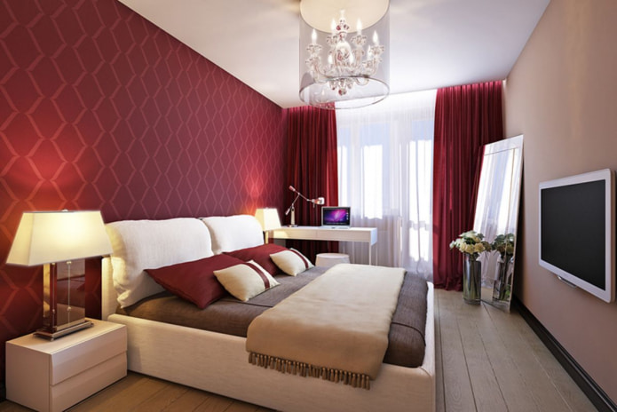 Giấy dán tường Burgundy trên tường: các loại, thiết kế, sắc thái, kết hợp với các màu sắc khác, rèm cửa, đồ nội thất