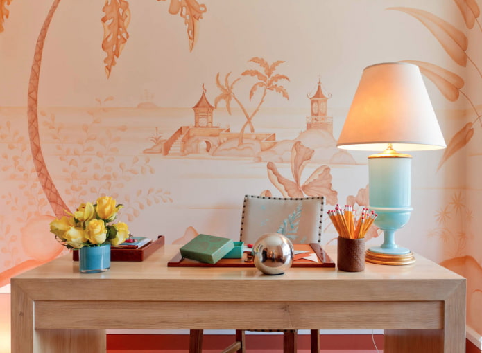 Papéis de parede em cores pêssego: vistas, idéias de design, combinação com cortinas e móveis