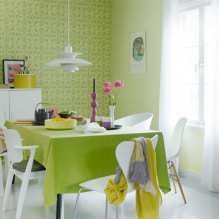 Világos zöld háttérképek a belső terekben: típusok, tervezési ötletek, kombináció más színekkel, függönyök, bútorok-5