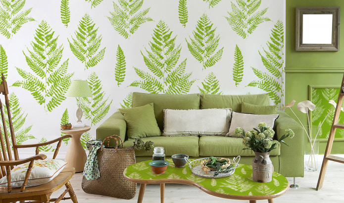 Hellgrüne Tapete im Innenraum: Ansichten, Designideen, Kombination mit anderen Farben, Vorhänge, Möbel