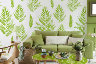 İç mekanda açık yeşil duvar kağıdı: görünümler, tasarım fikirleri, diğer renkler, perdeler, mobilyalarla kombinasyon