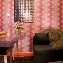 Giấy dán tường màu hồng trong nội thất: các loại, ý tưởng thiết kế, sắc thái, kết hợp với các màu khác-0