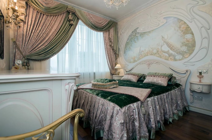 Lambrequins til soveværelset: typer, former for gardiner, valg af stof, design, farve