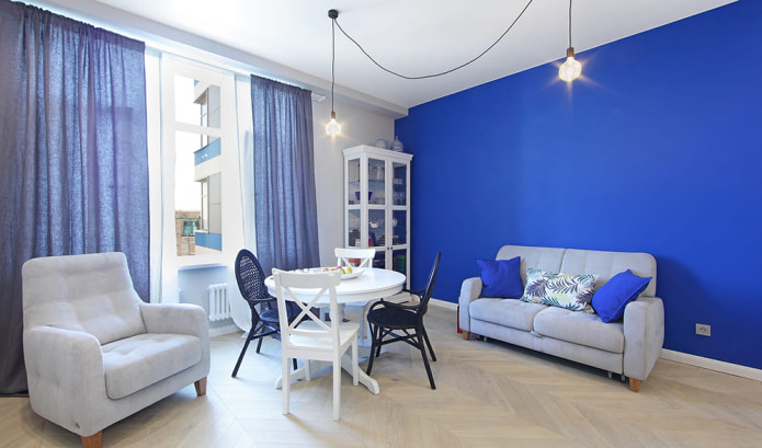 Modrá barva v interiéru: kombinace, výběr stylu, dekorace, nábytek, záclony a výzdoba