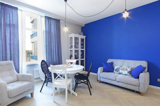 Kék szín a belső terekben: kombináció, stílusválasztás, dekoráció, bútorok, függönyök és dekoráció