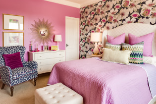 Intérieur de la chambre rose: combinaison, choix de style, décoration, mobilier, rideaux et décoration