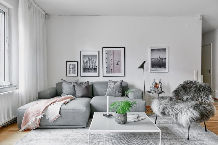 Canapé gris à l'intérieur: vues, photos, design, combinaison avec papier peint, rideaux, décoration