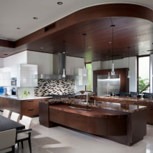 Teto de dois níveis na cozinha: tipos, design, cores, opções de forma, luz de fundo-4