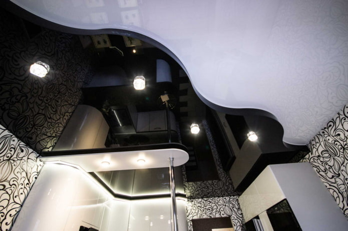 Черно-бял окачен таван: видове структури, текстури, форми, опции за дизайн