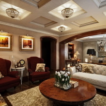 Coffered ceiling: types (of wood, drywall, polyurethane), shapes, design, color, lighting-0