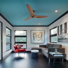 Modré stropy v interiéru: fotografie, pohledy, design, osvětlení, kombinace s jinými barvami, stěny, záclony-8