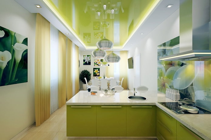 Green ceiling: design, shades, combinations, types (stretch, plasterboard, painting, wallpaper)