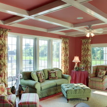 Teto rosa: tipos (estiramento, drywall, etc.), persianas, combinações, iluminação-4