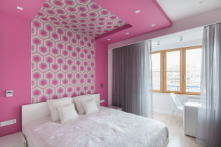 Teto rosa: tipos (estiramento, drywall, etc.), persianas, combinações, iluminação