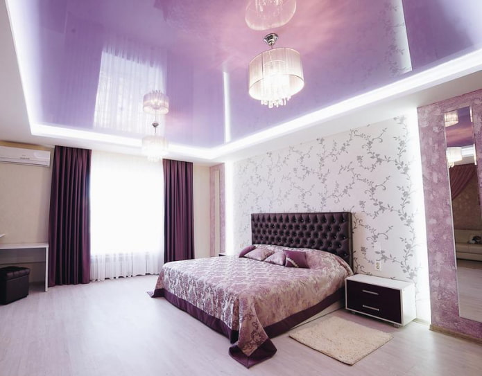 Lilac ceiling: types (stretch, drywall, etc.), combinations, design, lighting
