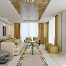 Takets utformning i vardagsrummet: typer av mönster, former, färg och design, ljusidéer-0