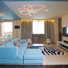 Das Design der Decke im Wohnzimmer: Arten von Designs, Formen, Farbe und Design, Beleuchtungsideen-2