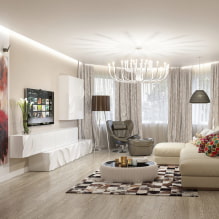 Dizajn stropu v obývacej izbe: typy vzorov, tvarov, farieb a prevedení, nápady na osvetlenie-3