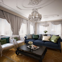 Dizajn stropu v obývacej izbe: typy vzorov, tvarov, farieb a prevedení, nápady na osvetlenie-5