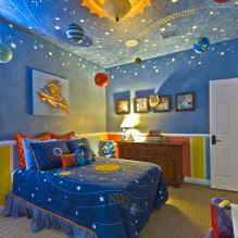 Съвети за избор на таван в детска стая: видове, цвят, дизайн и рисунки, къдрави форми, осветление-7