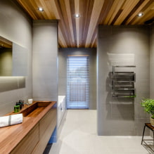Griesti vannas istabā: apdares veidi pēc materiāla, struktūras, krāsas, dizaina, apgaismojuma-0