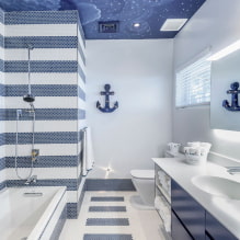 תקרה בחדר האמבטיה: סוגי גימורים לפי חומר, מבנה, צבע, עיצוב, תאורה -4