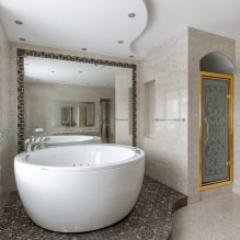 תקרה בחדר האמבטיה: סוגי גימורים לפי חומר, מבנה, צבע, עיצוב, תאורה -5