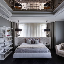 Sufit w sypialni: projekt, rodzaje, kolor, kręcone wzory, oświetlenie, przykłady we wnętrzu-2