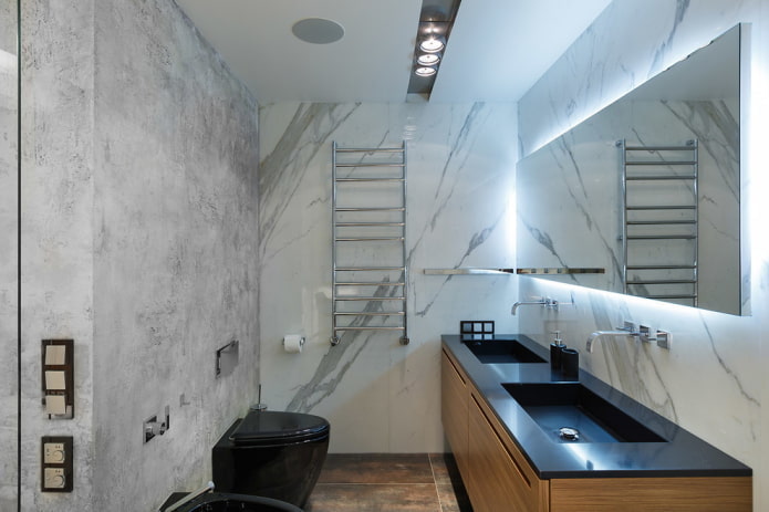 Plafond dans les toilettes: types de matériaux, structure, texture, couleur, design, éclairage