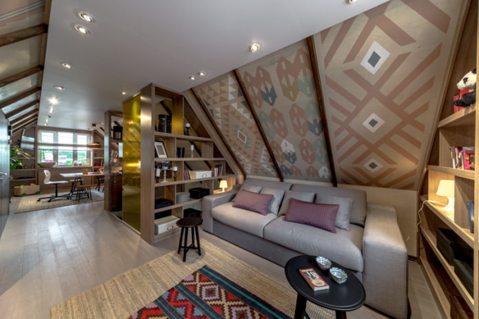 Soffitto attico: design, colore, tipi (tratto, muro a secco, ecc.), Illuminazione