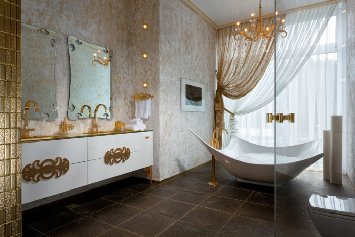 טיח דקורטיבי בחדר האמבטיה: סוגים, צבע, עיצוב, אפשרויות קישוט (קירות, תקרה)